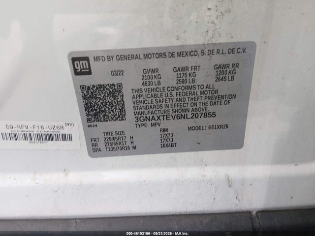 Aukcja sprzedaży 2022 Chevrolet Equinox Awd 2fl, vin: 3GNAXTEV6NL207855, numer aukcji: 46153156