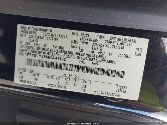 46153153 :رقم المزاد ، 1FTYE1Y88MKA41152 vin ، 2021 Ford Transit-150 مزاد بيع