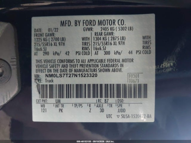 46153155 :رقم المزاد ، NM0LS7T27N1523320 vin ، 2022 Ford Transit Connect Xlt مزاد بيع