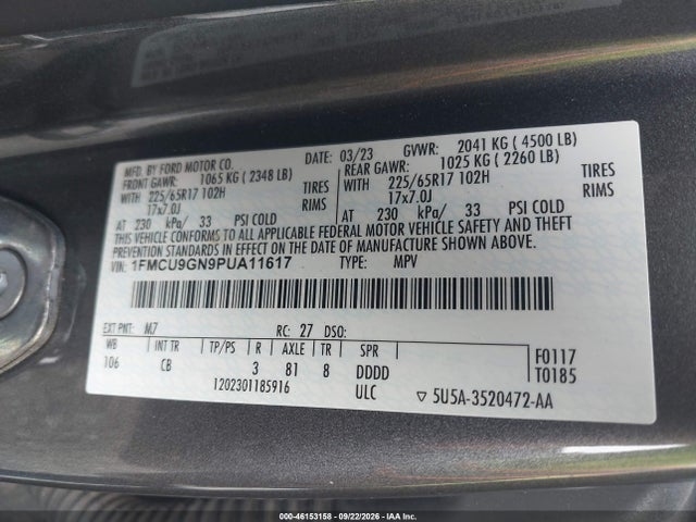 Aukcja sprzedaży 2023 Ford Escape Active, vin: 1FMCU9GN9PUA11617, numer aukcji: 46153158