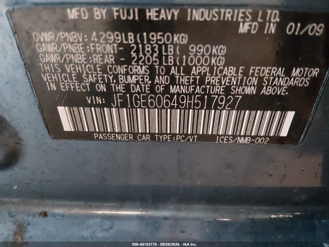 Продаж на аукціоні авто 2009 Subaru Impreza 2.5i, vin: JF1GE60649H517927, номер лоту: 46153178