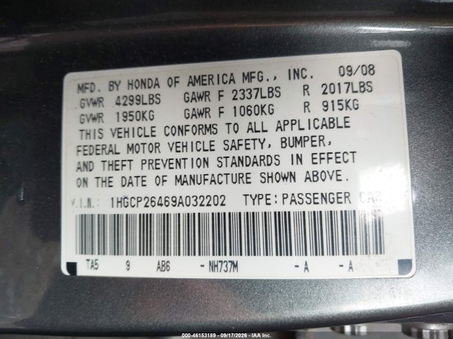 46153189 :رقم المزاد ، 1HGCP26469A032202 vin ، 2009 Honda Accord 2.4 Lx-p مزاد بيع