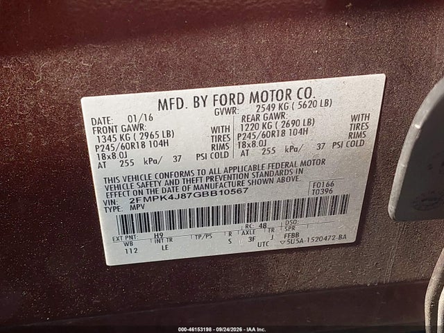 2016 Ford Edge Sel მანქანა იყიდება აუქციონზე, vin: 2FMPK4J87GBB10567, აუქციონის ნომერი: 46153198