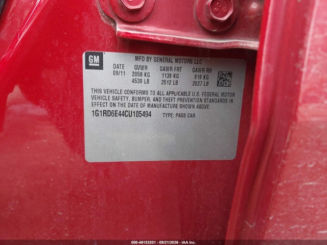 46153201 :رقم المزاد ، 1G1RD6E44CU105494 vin ، 2012 Chevrolet Volt مزاد بيع