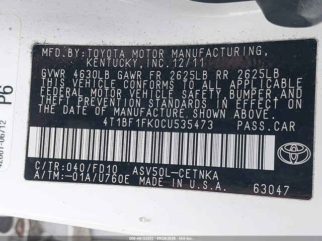 46153202 :رقم المزاد ، 4T1BF1FK0CU535473 vin ، 2012 Toyota Camry Le مزاد بيع