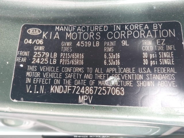 46153235 :رقم المزاد ، KNDJF724867257063 vin ، 2006 Kia Sportage Lx مزاد بيع