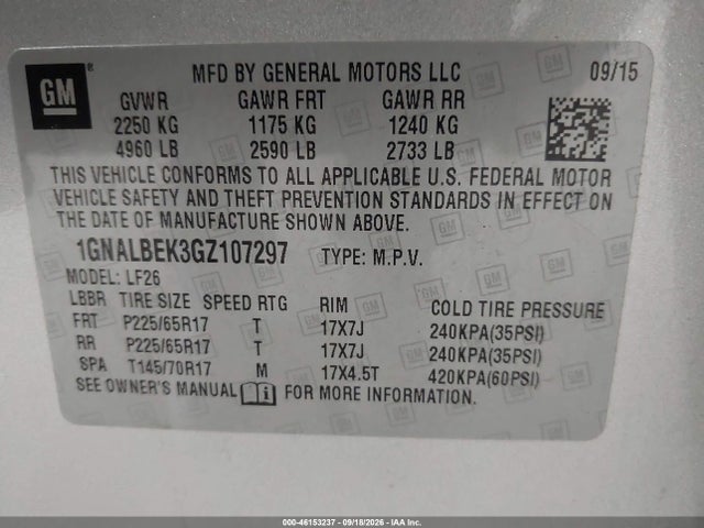 Продажа на аукционе авто 2016 Chevrolet Equinox Ls, vin: 1GNALBEK3GZ107297, номер лота: 46153237