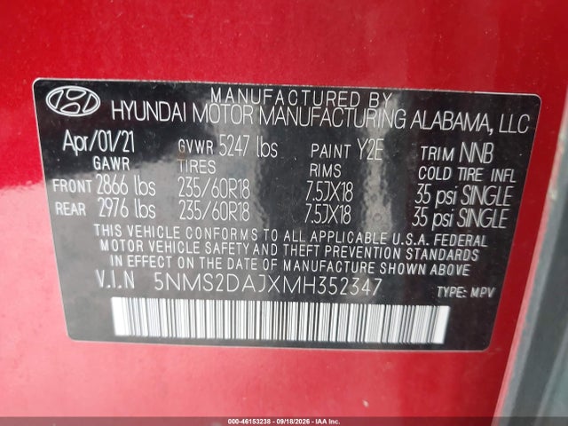 46153238 :رقم المزاد ، 5NMS2DAJXMH352347 vin ، 2021 Hyundai Santa Fe Sel مزاد بيع