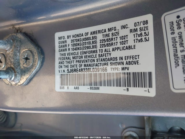 Продаж на аукціоні авто 2008 Honda Cr-v Lx, vin: 5J6RE48338L039166, номер лоту: 46153240