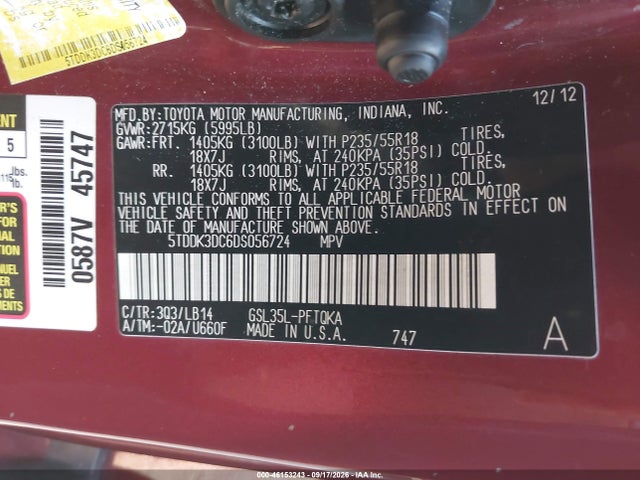 Aukcja sprzedaży 2013 Toyota Sienna Xle 7 Passenger, vin: 5TDDK3DC6DS056724, numer aukcji: 46153243