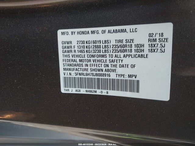 2018 Honda Odyssey Ex-l მანქანა იყიდება აუქციონზე, vin: 5FNRL6H78JB088916, აუქციონის ნომერი: 46153249