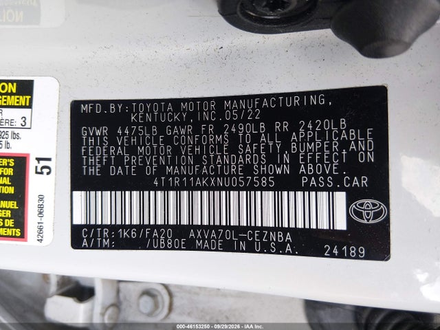 2022 Toyota Camry Le მანქანა იყიდება აუქციონზე, vin: 4T1R11AKXNU057585, აუქციონის ნომერი: 46153250