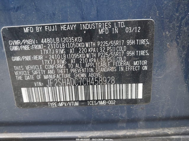 Auction sale of the 2012 Subaru Forester 2.5x Premium, vin: JF2SHADC7CH458928, lot number: 46153257