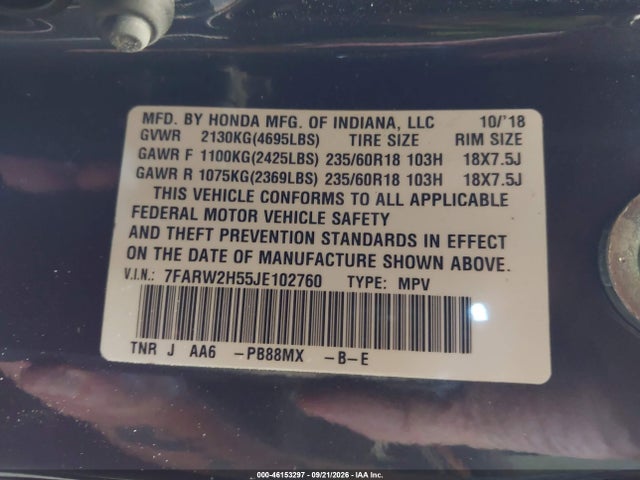 Aukcja sprzedaży 2018 Honda Cr-v Ex, vin: 7FARW2H55JE102760, numer aukcji: 46153297