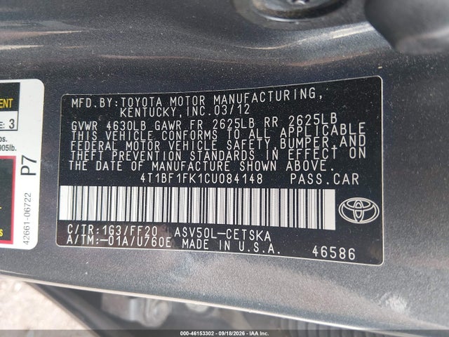 Aukcja sprzedaży 2012 Toyota Camry Se, vin: 4T1BF1FK1CU084148, numer aukcji: 46153302
