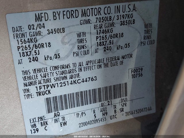 46153330 :رقم المزاد ، 1FTPW12514KC44763 vin ، 2004 Ford F-150 Lariat/xlt مزاد بيع