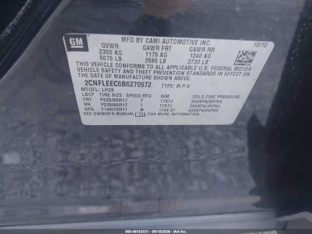 Aukcja sprzedaży 2011 Chevrolet Equinox 1lt, vin: 2CNFLEEC6B6270972, numer aukcji: 46153331