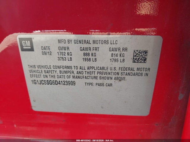 Продаж на аукціоні авто 2013 Chevrolet Sonic Lt Auto, vin: 1G1JC5SG6D4123909, номер лоту: 46153342