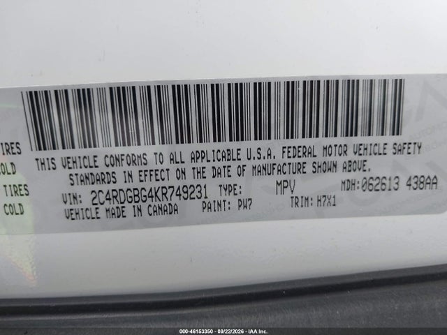 Aukcja sprzedaży 2019 Dodge Grand Caravan Se, vin: 2C4RDGBG4KR749231, numer aukcji: 46153350