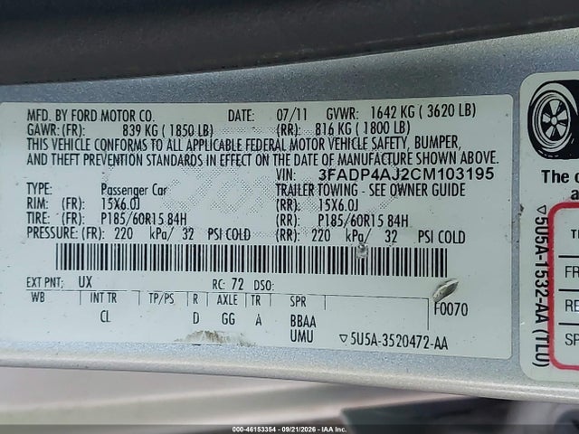 46153354 :رقم المزاد ، 3FADP4AJ2CM103195 vin ، 2012 Ford Fiesta S مزاد بيع