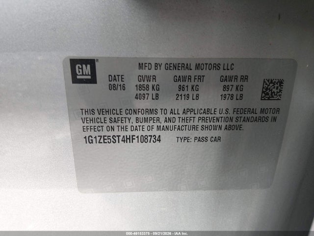 2017 Chevrolet Malibu 1lt მანქანა იყიდება აუქციონზე, vin: 1G1ZE5ST4HF108734, აუქციონის ნომერი: 46153375