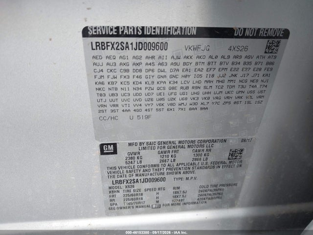 46153380 :رقم المزاد ، LRBFX2SA1JD009600 vin ، 2018 Buick Envision Essence مزاد بيع