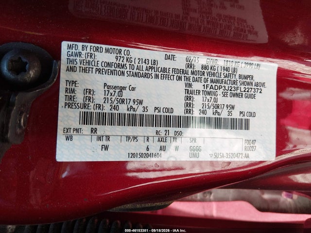 Продажа на аукционе авто 2015 Ford Focus Titanium, vin: 1FADP3J23FL227372, номер лота: 46153381