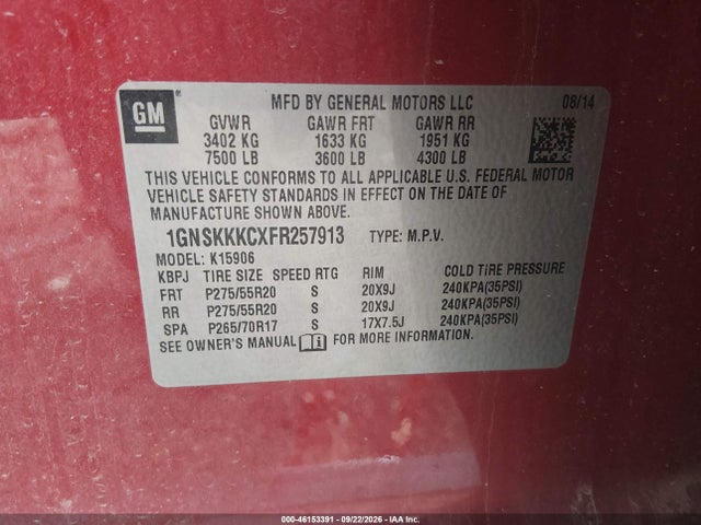 2015 Chevrolet Suburban 1500 Ltz მანქანა იყიდება აუქციონზე, vin: 1GNSKKKCXFR257913, აუქციონის ნომერი: 46153391