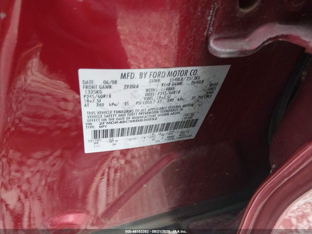 46153392 :رقم المزاد ، 2FMDK48C98BB30592 vin ، 2008 Ford Edge Sel مزاد بيع