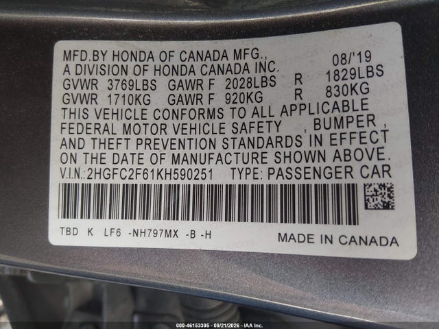 2019 Honda Civic Lx მანქანა იყიდება აუქციონზე, vin: 2HGFC2F61KH590251, აუქციონის ნომერი: 46153395