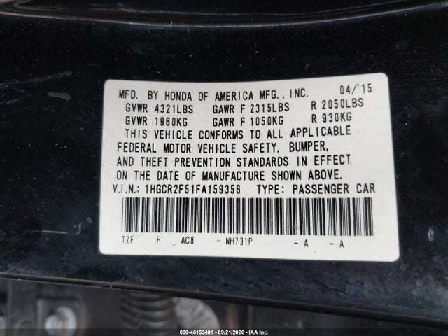 Aukcja sprzedaży 2015 Honda Accord Sport, vin: 1HGCR2F51FA159356, numer aukcji: 46153401