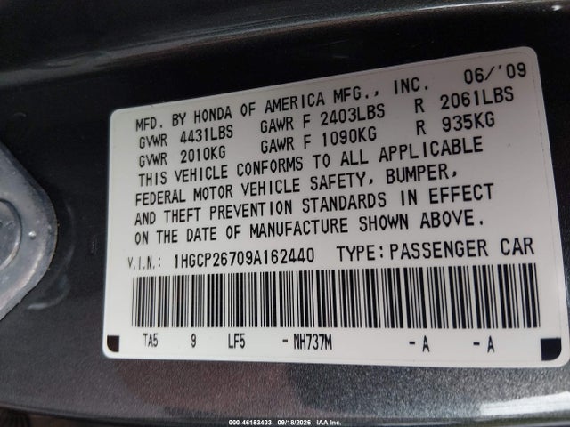 Aukcja sprzedaży 2009 Honda Accord 2.4 Ex, vin: 1HGCP26709A162440, numer aukcji: 46153403