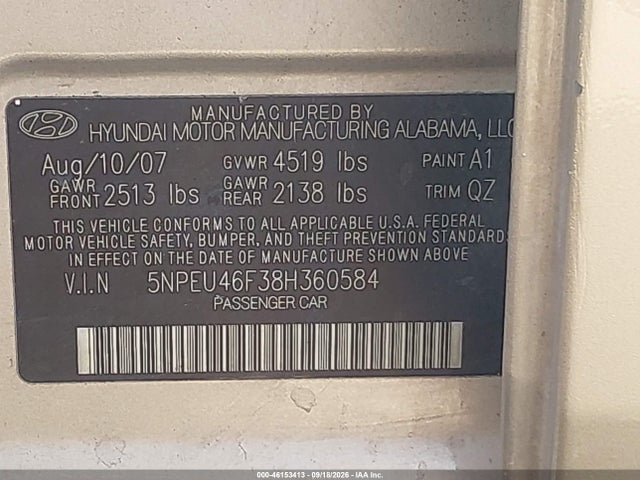 Продажа на аукционе авто 2008 Hyundai Sonata, vin: 5NPEU46F38H360584, номер лота: 46153413