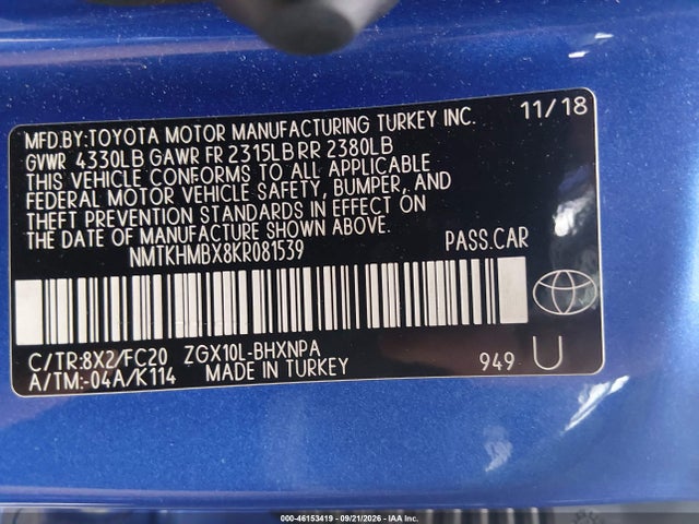 Aukcja sprzedaży 2019 Toyota C-hr Le, vin: NMTKHMBX8KR081539, numer aukcji: 46153419
