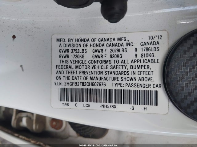 Aukcja sprzedaży 2012 Honda Civic Ex, vin: 2HGFB2F82CH607676, numer aukcji: 46153424