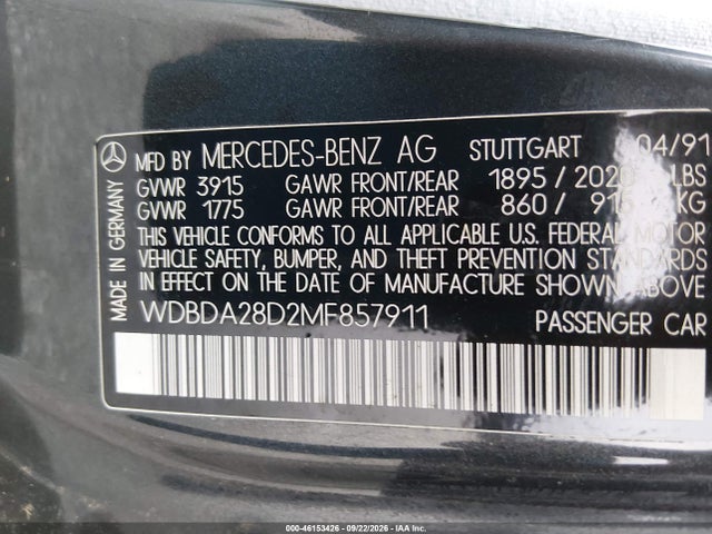 46153426 :رقم المزاد ، WDBDA28D2MF857911 vin ، 1991 Mercedes-benz 190 E 2.3 مزاد بيع