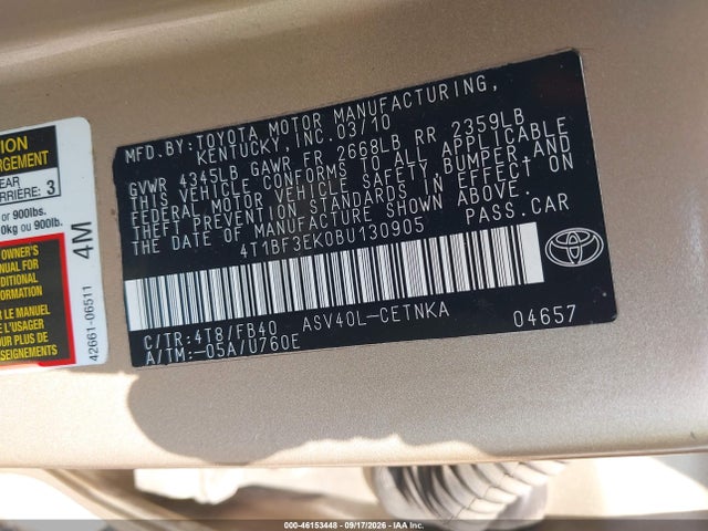 46153448 :رقم المزاد ، 4T1BF3EK0BU130905 vin ، 2011 Toyota Camry Le مزاد بيع