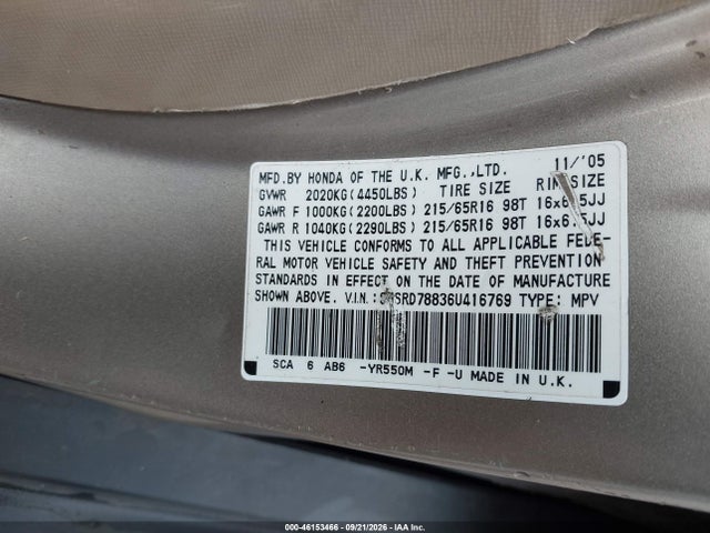 46153466 :رقم المزاد ، SHSRD78836U416769 vin ، 2006 Honda Cr-v Ex مزاد بيع