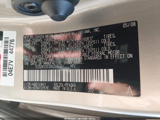 2008 Toyota Sienna Xle მანქანა იყიდება აუქციონზე, vin: 5TDZK22C28S206661, აუქციონის ნომერი: 46153477