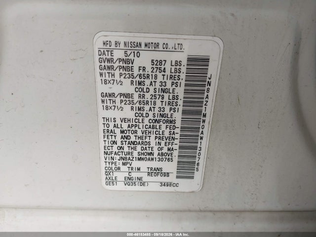 Продаж на аукціоні авто 2010 Nissan Murano Sl, vin: JN8AZ1MW0AW130765, номер лоту: 46153485