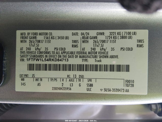 46153487 :رقم المزاد ، 1FTFW1L54RKD84713 vin ، 2024 Ford F-150 Xl مزاد بيع