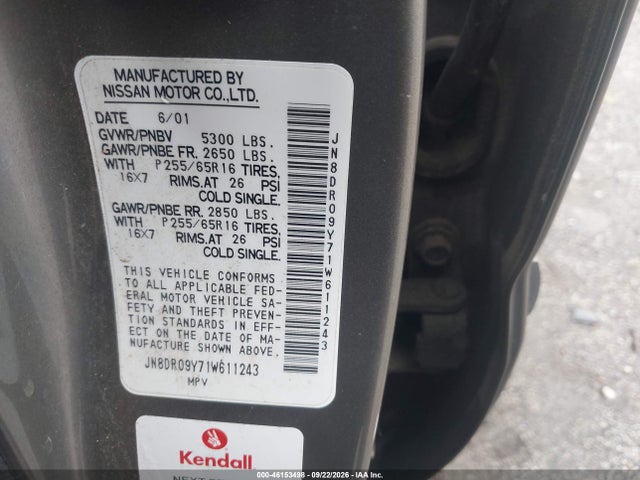 46153498 :رقم المزاد ، JN8DR09Y71W611243 vin ، 2001 Nissan Pathfinder Le مزاد بيع