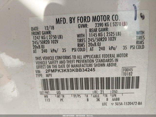 2019 Ford Edge Titanium მანქანა იყიდება აუქციონზე, vin: 2FMPK3K93KBB34245, აუქციონის ნომერი: 46153500