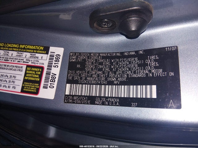 Продажа на аукционе авто 2008 Toyota Sienna Le, vin: 5TDZK23C88S141040, номер лота: 46153516