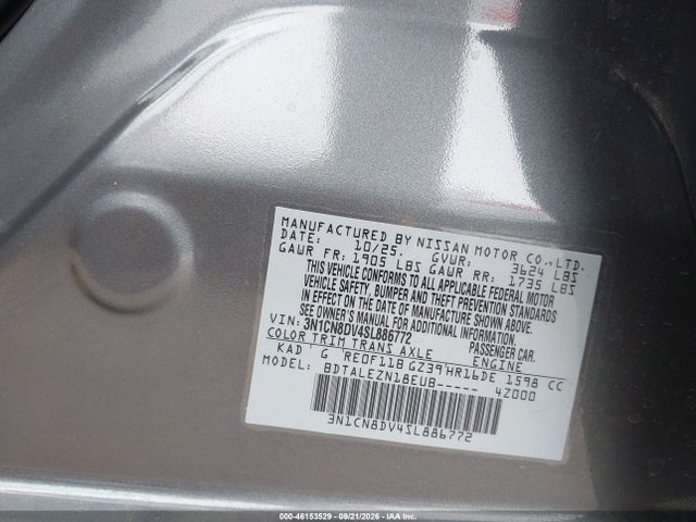 2025 Nissan Versa 1.6 S მანქანა იყიდება აუქციონზე, vin: 3N1CN8DV4SL886772, აუქციონის ნომერი: 46153529