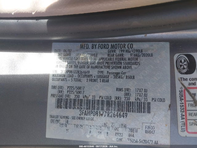 Продаж на аукціоні авто 2007 Ford Fusion Sel, vin: 3FAHP08177R264649, номер лоту: 46153546