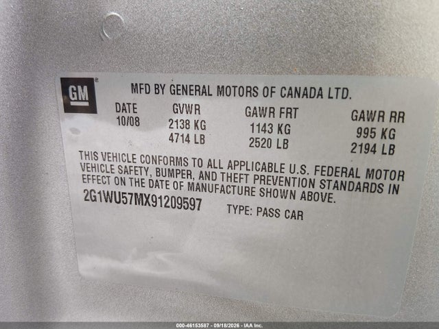 2009 Chevrolet Impala Ltz მანქანა იყიდება აუქციონზე, vin: 2G1WU57MX91209597, აუქციონის ნომერი: 46153587