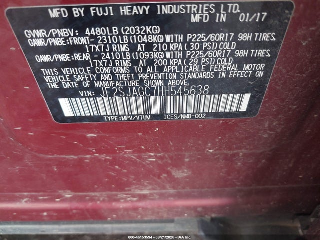 46153594 :رقم المزاد ، JF2SJAGC7HH545638 vin ، 2017 Subaru Forester 2.5i Premium مزاد بيع