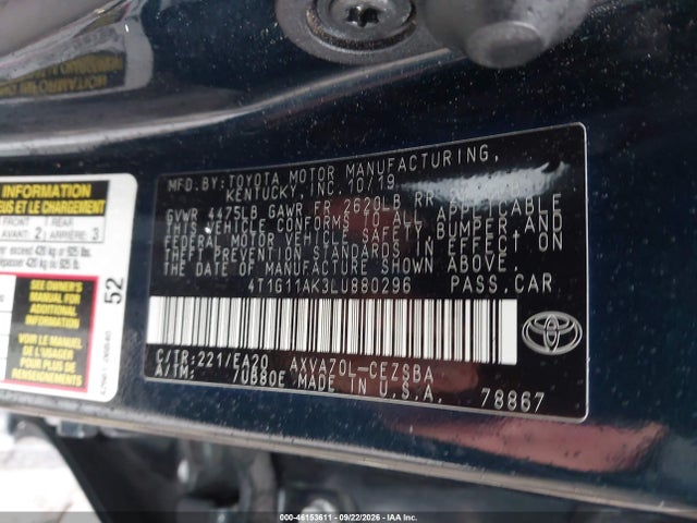 Продаж на аукціоні авто 2020 Toyota Camry Se, vin: 4T1G11AK3LU880296, номер лоту: 46153611