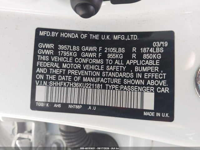 Продажа на аукционе авто 2019 Honda Civic Lx, vin: SHHFK7H36KU221181, номер лота: 46153631